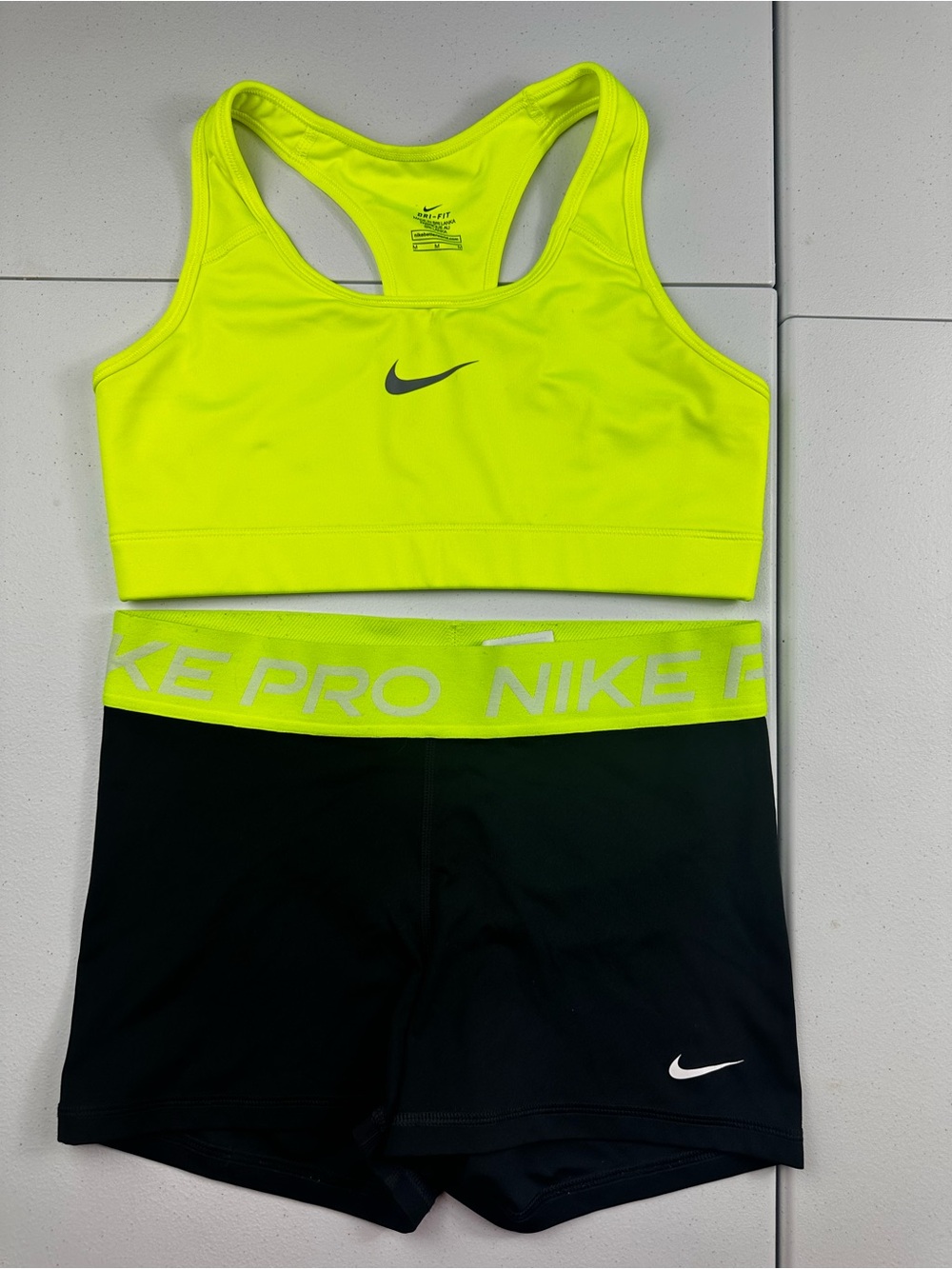 Nike Neon Yellow and Black Athletic Set with Branded Waistband